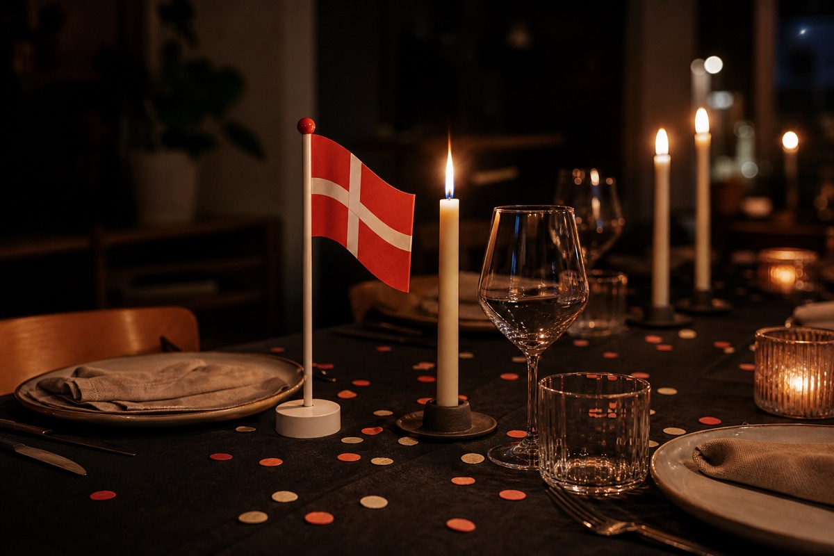 Festdækket fødselsdagsbord med bordflag, konfetti og levende lys