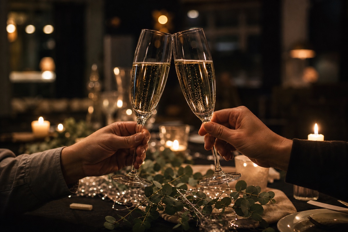 Champagneskål i levende lys til jubilæumsfesten