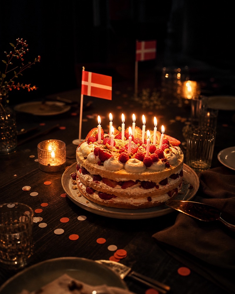 Lagkage med lys og Dannebrog til rund fødselsdag