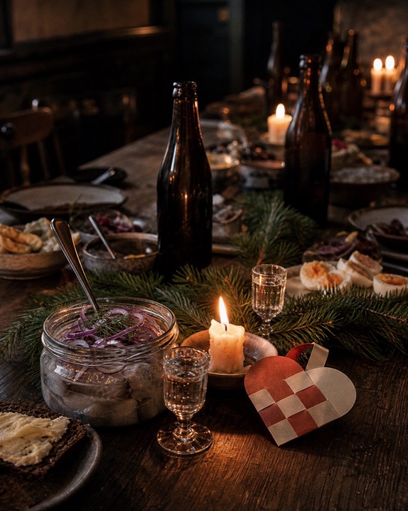 Dansk julefrokostbord med sild, snaps og julehjerter