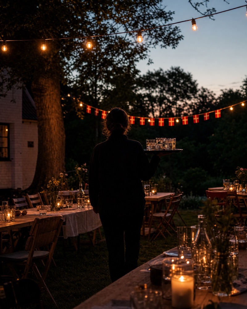 Havefest i skumringen med lyskæder og Dannebrog-vimpler